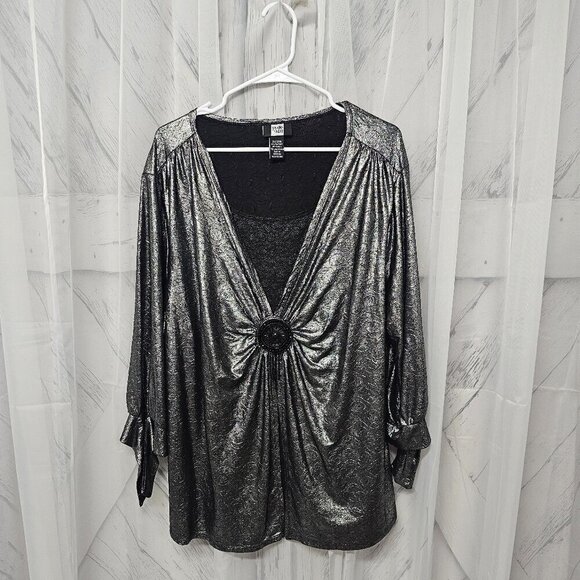Studio 1940 Blouse Gray Silver Metallic Goth Grunge 26/28W - Picture 1 of 13